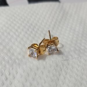 Gold Tone Square Cubic Zirconia Stud Earrings - Clear & Gold